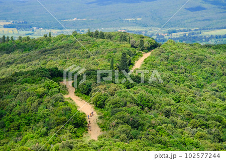 Unrecognisable mountain bikers ride on a firebreak trail over the beautiful landscape with its hills in Tuscany, Massa Marittima, Italy 102577244
