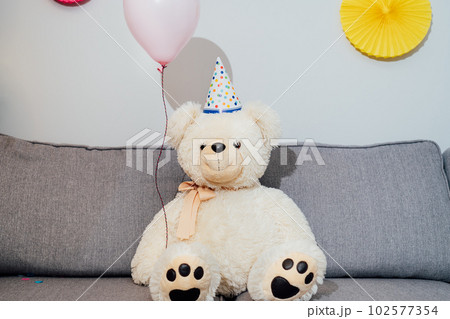 Big Teddy bear with balloons in party cap sitting on the gray sofa in decorated room. Birthday or festive holiday background. Selective focus, copy space 102577354