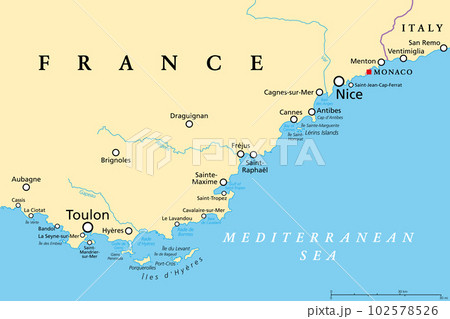 French Riviera, political map. Mediterranean coastline of the southeast corner of France, known as Cote dAzur (Azure Coast). Usually considered to extend from Toulon in the west to Menton in the east. French Riviera, political map. Mediterranean coastline of the southeast corner of France, known as Cote dAzur (Azure Coast). Usually considered to extend from Toulon in the west to Menton in the east. 102578526
