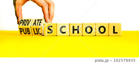 Public or private school symbol. Concept word Public school Private school on wooden cubes. Beautiful white background. Teacher hand. Education Public or private school concept. Copy space. Public or private school symbol. Concept word Public school Private school on wooden cubes. Beautiful white background. Teacher hand. Education Public or private school concept. Copy space. 102578935