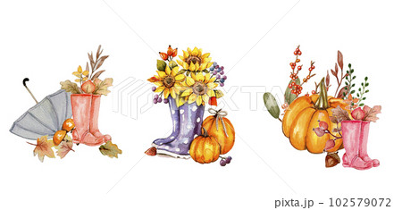 Watercolor hand drawn autumn square frame. Illustration of autumn. Perfect for scrapbooking, kids design, wedding invitation, posters, greetings cards, party decoration. 102579072