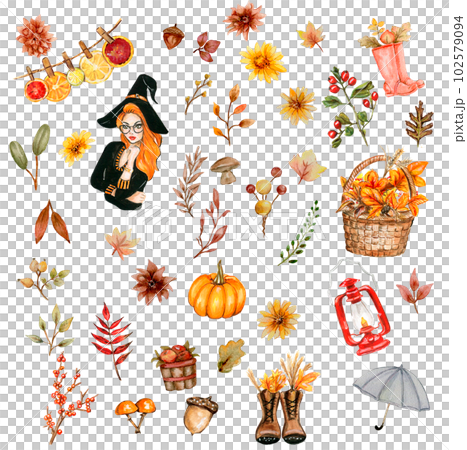 Watercolor hand drawn autumn leaves and pumpkins composition. Illustration of autumn. Perfect for scrapbooking, kids design, wedding invitation, posters, greetings cards, party decoration. 102579094