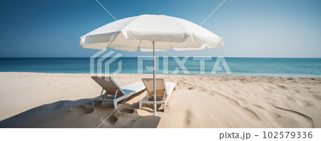 Escape to the beauty of the tropics with two beach chairs and umbrellas overlooking the ocean, a picturesque spot for leisure and relaxation. AI Generative Escape to the beauty of the tropics with two beach chairs and umbrellas overlooking the ocean, a picturesque spot for leisure and relaxation. AI Generative 102579336
