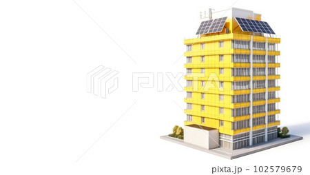 Modern high-rise yellow urban house with solar panels on the roof on a white background, isolate. AI generated. 102579679