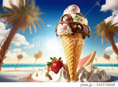 Ice cream in a waffle cone against the backdrop of the sea, palm trees and the sun. AI generated. 102579680