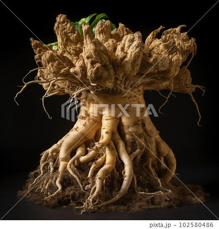Magic mandrake root, close-up isolated on black, an attribute of witches and sorcerers, 102580486
