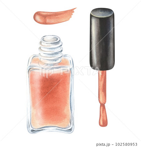 Watercolor illustration. Beige nail polish. Open bottle, brush and stroke. Isolated on a white. For manicure masters, beauty salons, cosmetic stores to create stickers, posters, decorate websites Watercolor illustration. Beige nail polish. Open bottle, brush and stroke. Isolated on a white. For manicure masters, beauty salons, cosmetic stores to create stickers, posters, decorate websites 102580953