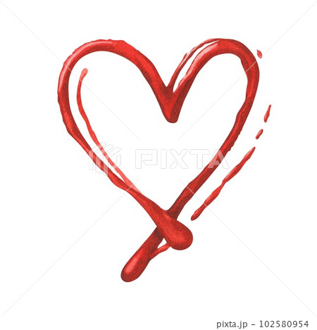 Watercolor illustration. Red spots of paint in the shape of a heart. Splashes of nail polish. Isolated on white background object. For the design of stickers, cards for manicure and beauty salons 102580954