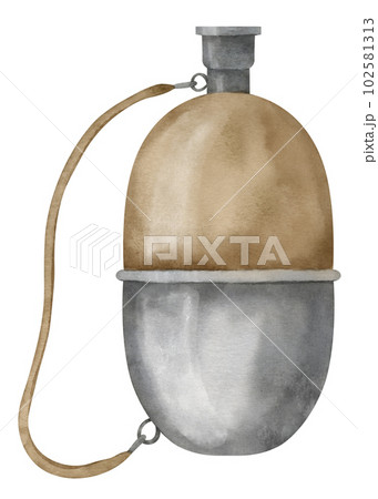 Hiking Flask for water. Hand drawn watercolor illustration of old retro metal thermos on isolated background for travel or adventure. Drawing of camp vintage equipment for drink. Vial for liquid. 102581313