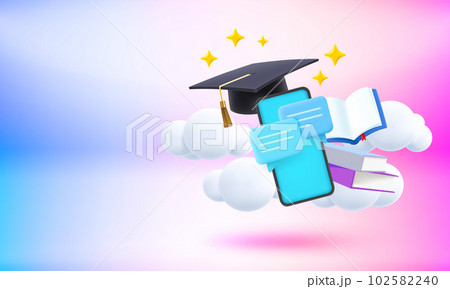 Back to school concept with graduation cap, smartphone and books. 3d vector banner with copy space 102582240