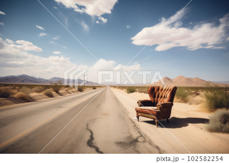 A lone chair on a quiet road represents the beauty of nature and landscape in a tranquil setting. This outdoor shot in sepia tone is perfect for travel and tourism themes. AI Generative. 102582254