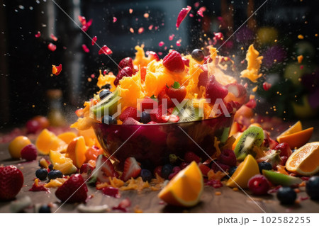 Healthy and delicious fruit salad with a mix of seasonal fruits, including berries, kiwi, and tropical fruits. A perfect low-calorie snack for a healthy lifestyle. AI Generative. 102582255
