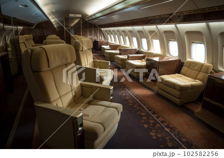Inside view of a modern airplane cabin with spacious seating, entertainment options, and safety features Generative AI 102582256
