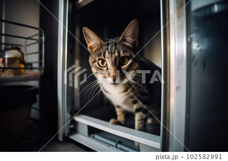 Domestic cat seeks relief from hot summer heat 102582991