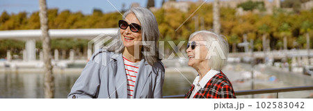 Happy female friends meeting outdoors by sea 102583042