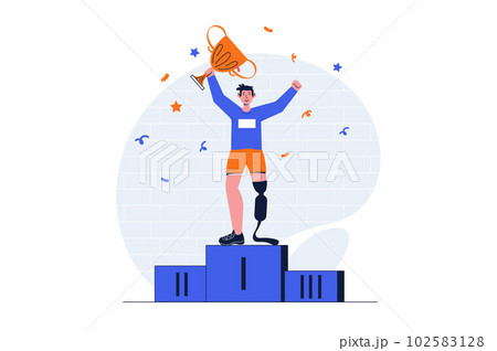 Disabilities people web concept with character scene. Man with prosthetic leg wins at Paralympic Games. People situation in flat design. Vector illustration for social media marketing material. 102583128