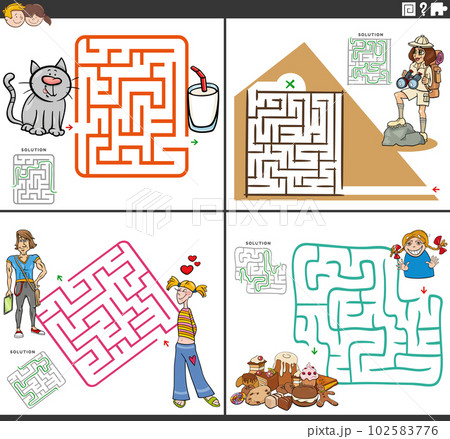 maze activity games set with funny cartoon characters maze activity games set with funny cartoon characters 102583776