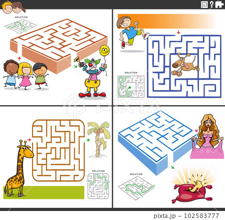 maze activity games set with funny cartoon characters 102583777