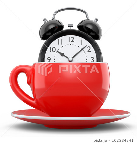 Vintage alarm clock with ceramic coffee cup on white background. 102584541