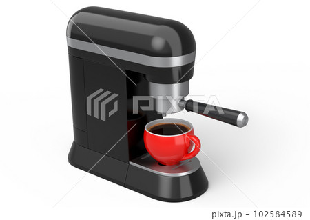 Espresso coffee machine with a horn and ceramic coffee cup on white background. 102584589