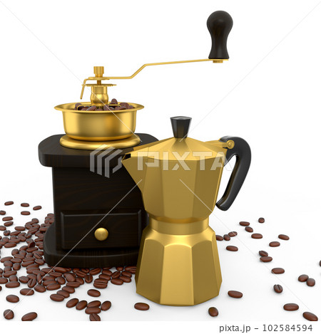 Manual wooden coffee grinder and geyser coffee maker with coffee beans on white 102584594