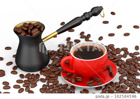 Manual wooden coffee grinder and cup with coffee beans on white background. 102584596
