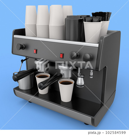 Professional espresso coffee machine with horn for paper cups isolated on blue 102584599