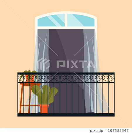 Balcony with iron fence with patterns. Large window with potted plants flat vector illustration Balcony with iron fence with patterns. Large window with potted plants flat vector illustration 102585342