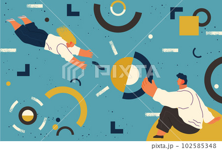 People flying in abstract imaginary space organizing different geometric shapes. Teamwork concept 102585348