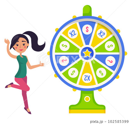 Game fortune wheel concept. Girl playing risk game with fortune wheel and lottery, gambling template 102585399