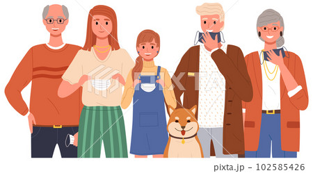 Group of people wearing medical masks. Cartoon characters take off their protective masks and smile 102585426