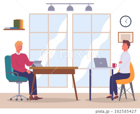 Business negotiations. Businesspeople sitting in chairs. Office room interior. Men communicate Business negotiations. Businesspeople sitting in chairs. Office room interior. Men communicate 102585427