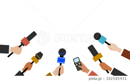 Hands are holding colorful microphones. Correspondents interviewing with special equipments 102585431