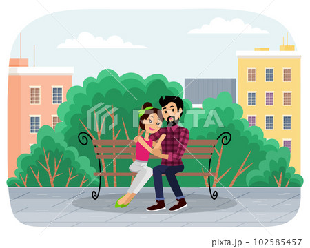 Couple of people outdoors in the park sitting on a bench. Romance of young characters on a date Couple of people outdoors in the park sitting on a bench. Romance of young characters on a date 102585457