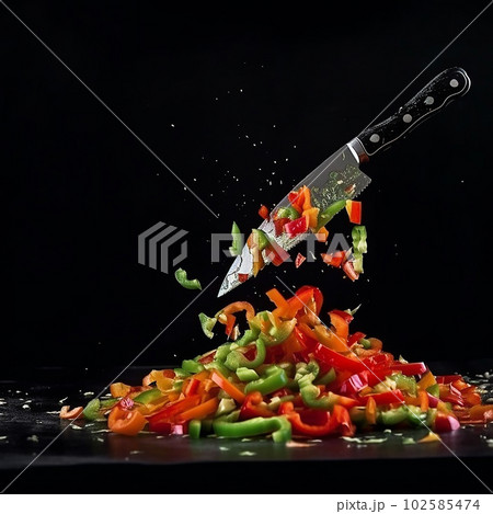 Appetizing green and red pieces of sweet paprika peppers in the air on a black background, a beautiful creative food background for advertising vegetables on the package, Appetizing green and red pieces of sweet paprika peppers in the air on a black background, a beautiful creative food background for advertising vegetables on the package, 102585474