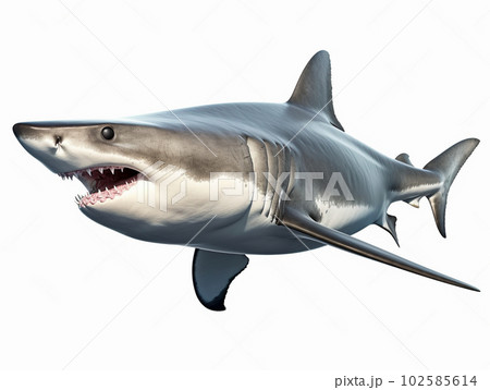 A predator great white shark swimming in the ocean coral reef shallows just below the water line closing in on its victim . 3d rendering with god rays 102585614