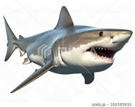 A predator great white shark swimming in the ocean coral reef shallows just below the water line closing in on its victim . 3d rendering with god rays 102585632