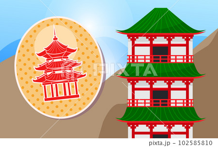Japanese house vector illustration. Japanese traditional architecture of buildings on a mountaine Japanese house vector illustration. Japanese traditional architecture of buildings on a mountaine 102585810