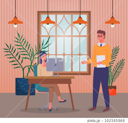 Meeting of colleagues in the office. Businessman brought a report for verification to woman Meeting of colleagues in the office. Businessman brought a report for verification to woman 102585868