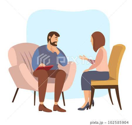 Patients at a reception at the psychotherapies. Woman talking to psychotherapist or psychologist 102585904