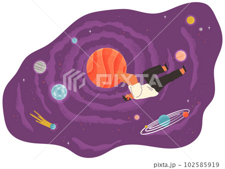 A man flying in space vector flat illustration with planets and stars cartoon cosmic scene 102585919