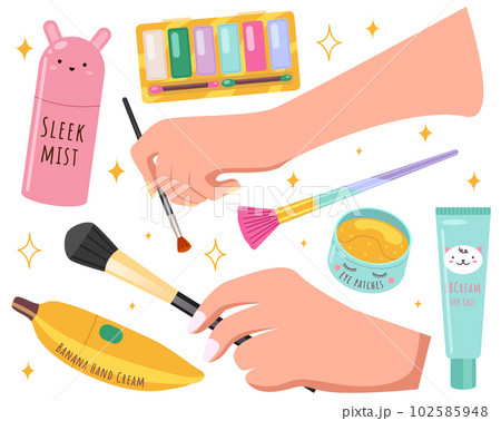 Female cosmetics skin care and beauty banner. Vector illustration with cosmetic accessories Female cosmetics skin care and beauty banner. Vector illustration with cosmetic accessories 102585948