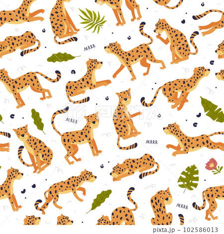 Cute baby leopards seamless pattern. Summer childish print with cute wild predator jungle animal cartoon vector illustration 102586013