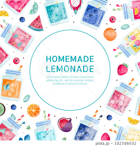 Fresh Natural Lemonade Design with Refreshing Drink in Glass Jar with Straw Vector Template Fresh Natural Lemonade Design with Refreshing Drink in Glass Jar with Straw Vector Template 102586032