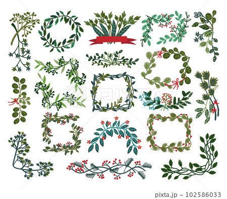 Collection of frames made of green leaves and berries. Invitation, greeting card, poster design element cartoon vector 102586033