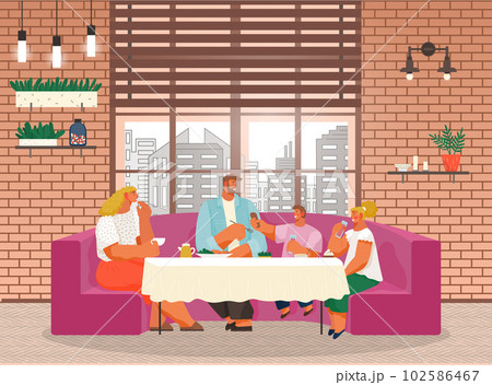 Family have lunch in restaurant or cafe, people eating delicious food, leisure time in public place 102586467