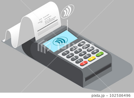 Payment terminal with check for retail sale service on white background isolated vector illustration Payment terminal with check for retail sale service on white background isolated vector illustration 102586496