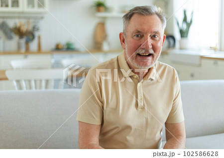 Confident stylish middle aged senior man at home. Older mature 70s man smiling. Happy attractive senior beard grandfather looking camera close up face headshot portrait. Happy people Confident stylish middle aged senior man at home. Older mature 70s man smiling. Happy attractive senior beard grandfather looking camera close up face headshot portrait. Happy people 102586628
