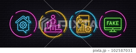 Business podium, Work home and Report minimal line icons. Neon laser 3d lights. Fake news icons. For web, application, printing. Nomination, Outsource work, Presentation document. Vector Business podium, Work home and Report minimal line icons. Neon laser 3d lights. Fake news icons. For web, application, printing. Nomination, Outsource work, Presentation document. Vector 102587031