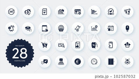 Set of Technology icons, such as Checked file, Software bug and Online shopping flat icons. Approved document, Tablet pc, 5g statistics web elements. Video conference, Decreasing graph. Vector 102587032